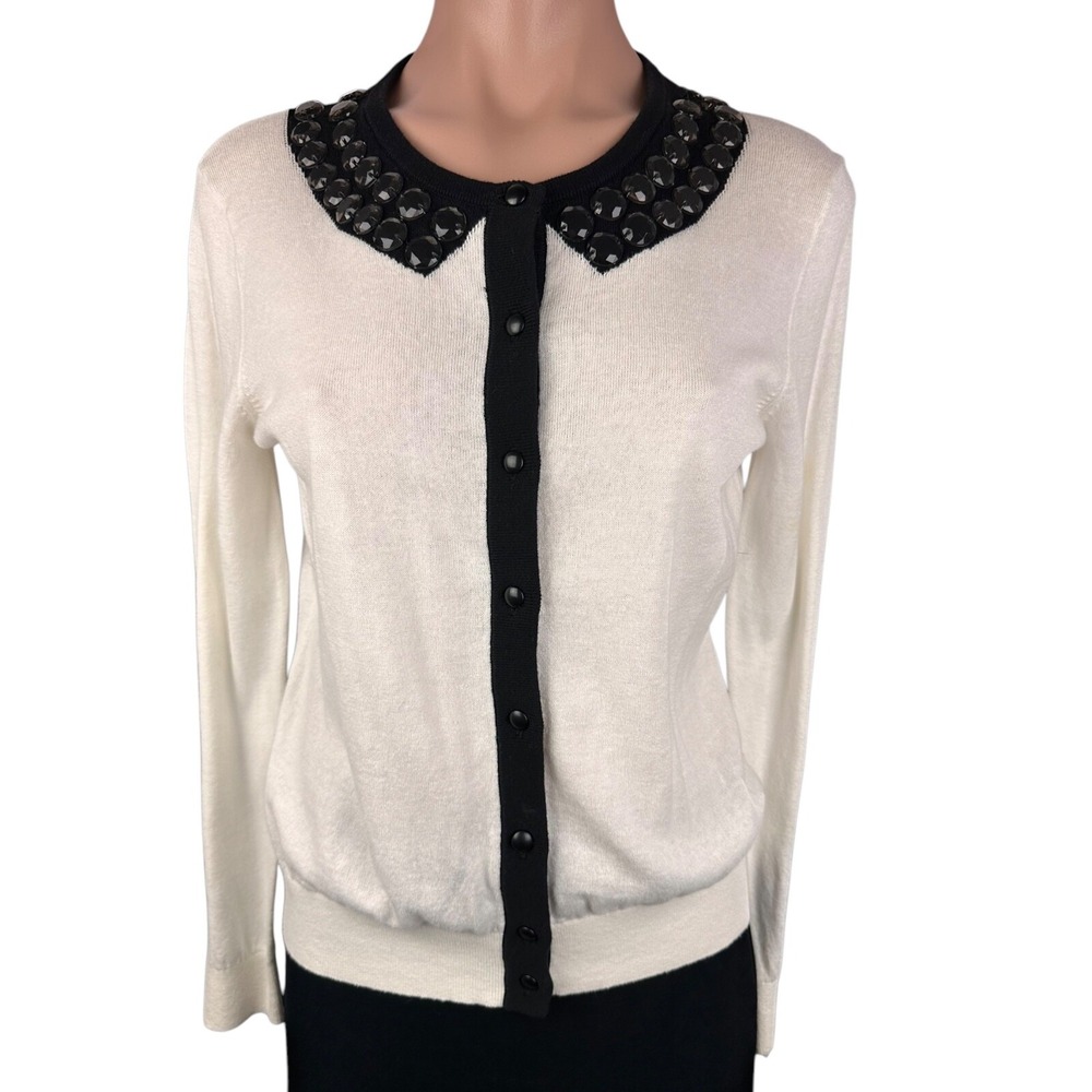 Cynthia Rowley Ivory Cardigan Sweater w/Beaded Collar Sz M Long Sleeve